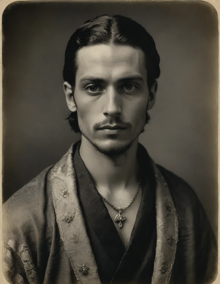 by Moebius, by Théodore Géricault, (((Rough monochrome, daguerreotype on old paper, male focus))), the composition is: (((((a 20 year old Italian male, dignified, facing viewer, snake eye pupils. Tattoos, His face is tattooed. He is wearing an embroidered silken robe with Mughal elements, sashes, moth medals, pauldrons, diamond shape symbology, moth symbology, jungle background, moth)))))