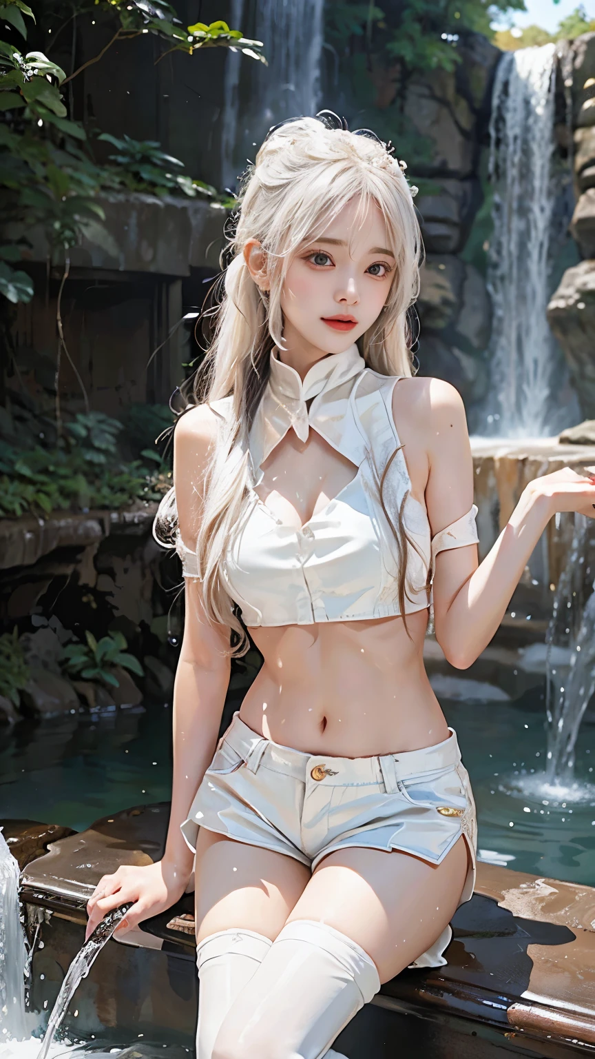 White Hair、Long Hair、Belly button、hot pants、Outdoor、In front of the waterfall、Waterfall basin、Shorts