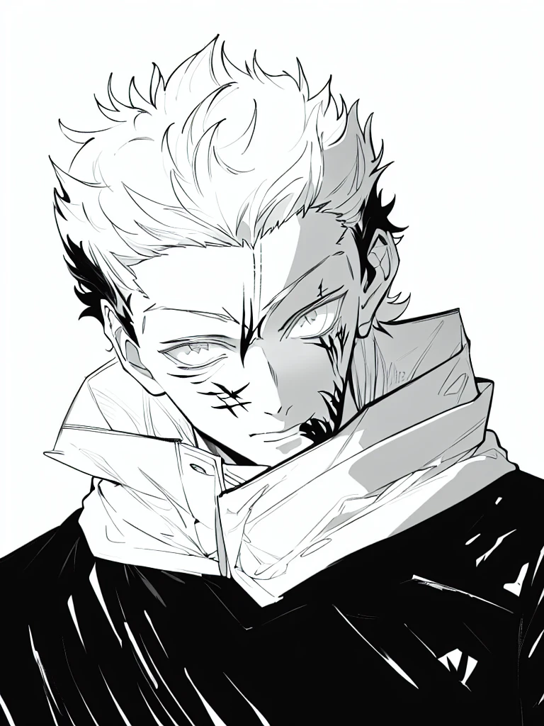 medium length white fluffy messy hair, boy, male, staring at viewer, messy clothing, scars on face, beat up