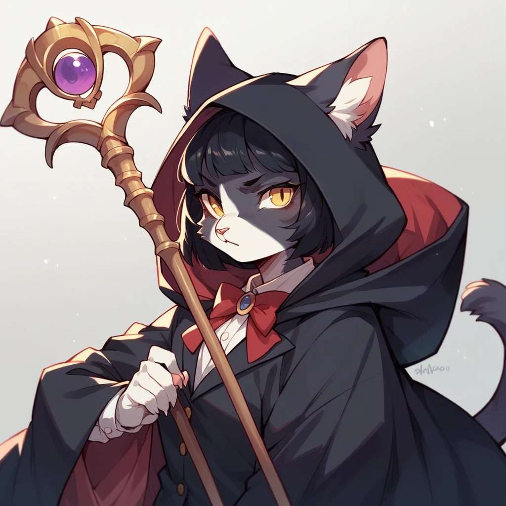 Solo A Japanese girl with yellow eyes and black hair, wearing a dark Purple hooded cloak and holding a staff.solo female ,furry ,tuxedo cat