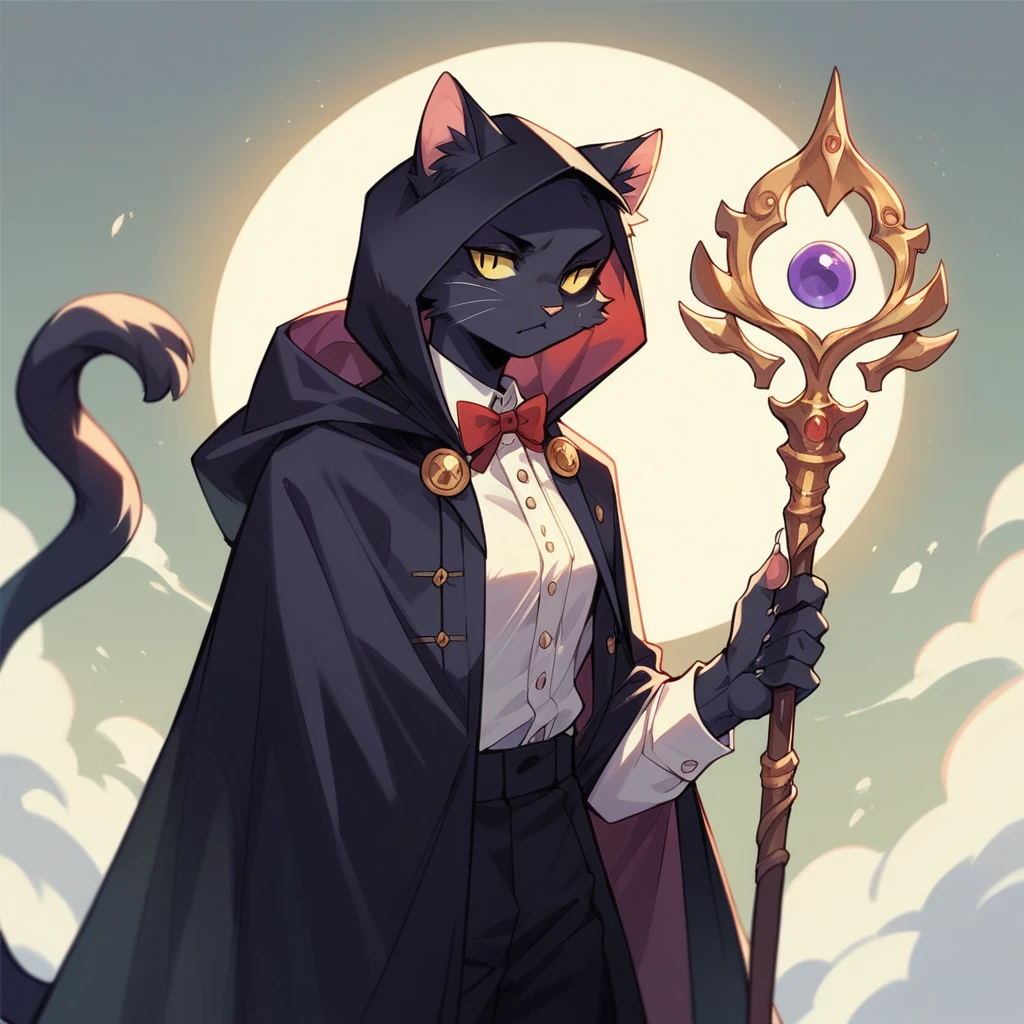 Solo A Japanese girl with yellow eyes and black hair, wearing a dark Purple hooded cloak and holding a staff.solo female ,furry ,tuxedo cat