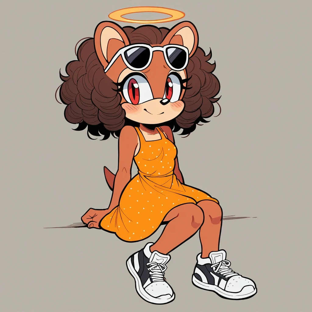 score_9, score_8_up, mobian, solo, hedgehog, two-tone fur ((orange fur, brown fur)), nuress slide slit dress, high-top sneakers, small breasts, two-tone hair (brown hair, black tip)), curly hair, halo, sunglasses, jewelry, red eyes, longeyelashes, red eyes, smile, shy, blush, pose, close up