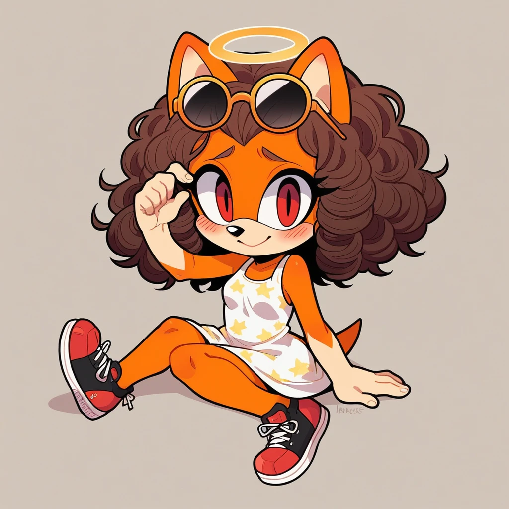 score_9, score_8_up, mobian, solo, hedgehog, two-tone fur ((orange fur, brown fur)), nuress slide slit dress, high-top sneakers, small breasts, two-tone hair (brown hair, black tip)), curly hair, halo, sunglasses, jewelry, red eyes, longeyelashes, red eyes, smile, shy, blush, pose, close up