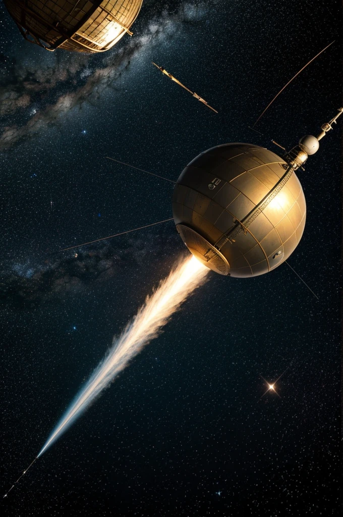 Drawing of the sputnik 1 satellite in orbit around the earth with a background of stars