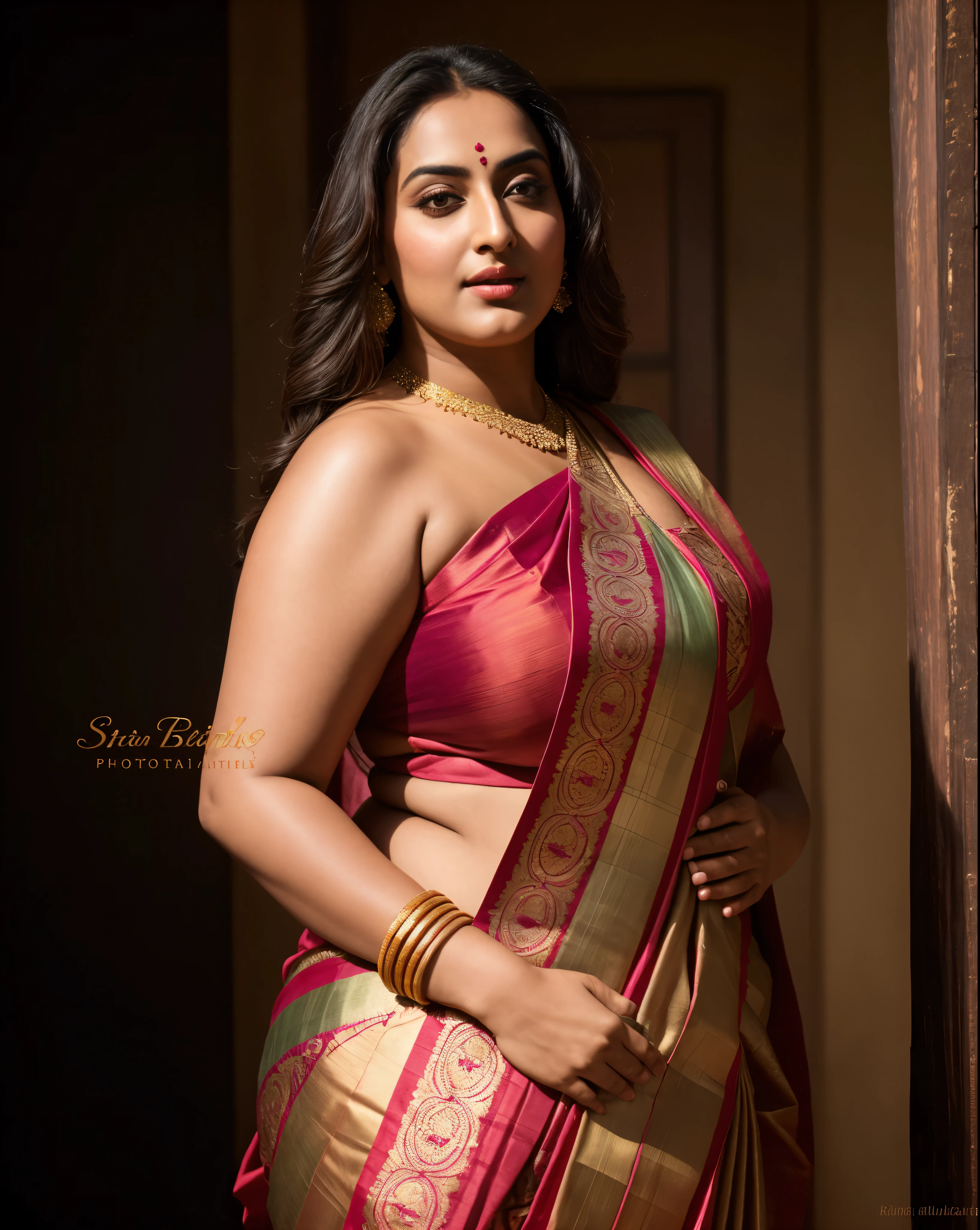 Foto RAW, photorealistic, photography, full body shot, master shot, perfect eyes, goddess like beauty, pierced eyes, perfect thick chubby mallu Desi aunty bhabhi, Full figured woman, juicy thick figure, bulky figure, curvy, fleshy curvy figure, voluptuous body, wide body, full figured aunty, Sexy navel folds, fleshy figure, heavy figure, Wearing a Stanapatta, a chest-band.Saree model, model Photography, Indian saree shoot, Indian traditional wear advertising photography, traditional wear brand shoot, face of Indian actress Sonakshi Sinha, masterpiece, realistic, realism, incredible details, pleasure, photorealism, detailed skin, skin pores, high contrast, photorealistic Artstation 8k HD digital art trend of high definition and detailed realistic skin texture, ultra detail, realistic skin texture, armature, best quality, ultra high definition, (photorealistic:1.4),, high resolution, detail, raw photo, sweat, Re sharp, by Lee Jefferies Nikon D850 Film Stock Photo 4 Kodak Portra 400 Camera F1.6 Lens Rich Color Ultra Real Realistic Realistic Textures Dramatic Lighting Unreal Engine Trending at Art Station Cinestill 800,(pele altamente detalhada: 1.2), 8k UHD, DSLR, soft-lighting, alta qualidade, grain of film, Fujifilm XT3,she didn't like to wear blouse or bra, She doesn't like to wear bra or blouse as it is against her traditional customs, wearing a Bra or blouse is against her forbidden in her tribes ritual, traditional no blouse saree, detailed hairy armpits, hyper realistic skin, skin pores, sweat, veins, juicy deep navel,