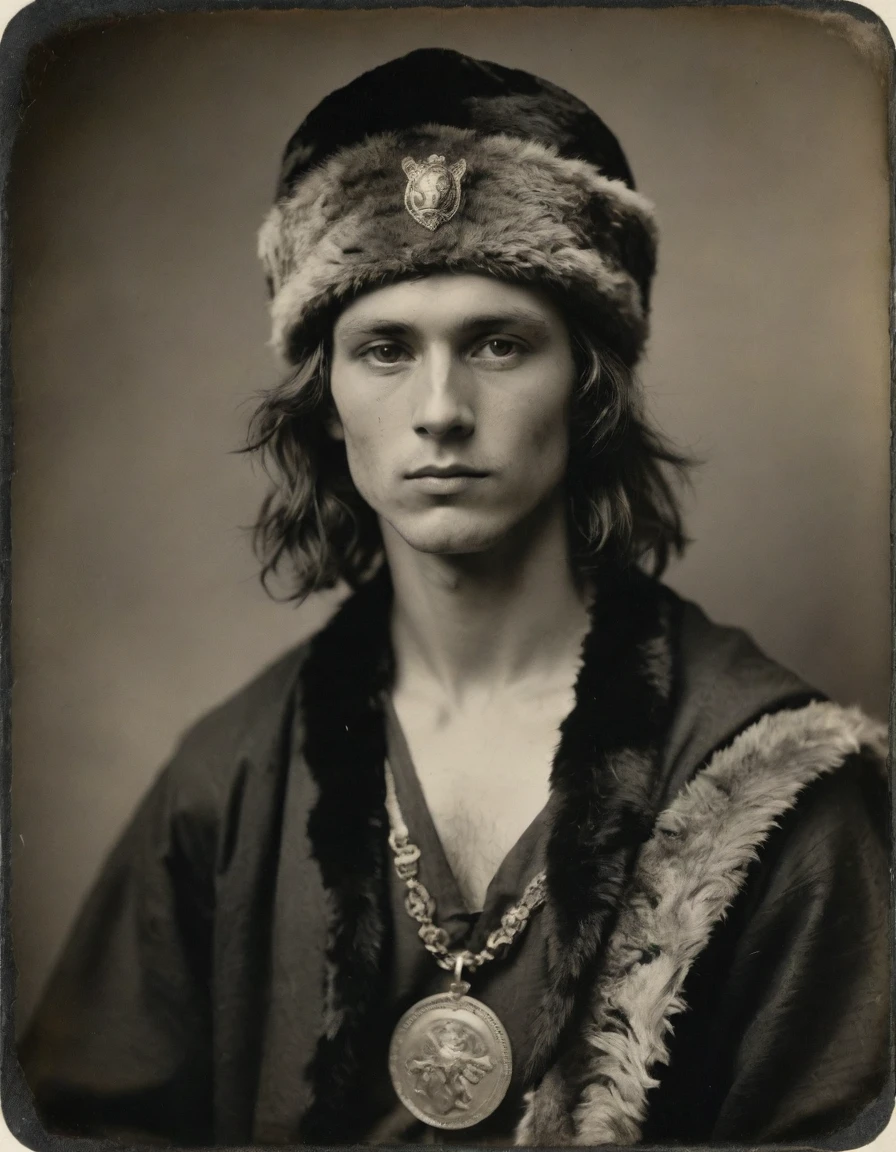 ((((Rough monochrome, daguerreotype on old paper,male focus)))), the composition is: (((a 20 year old male Russian brigand, sullen, muscular, facing viewer. He is wearing a tiger fur hat. He is wearing a black caftan with Praetorian elements, sashes, medals, lozenge shape pendants)))