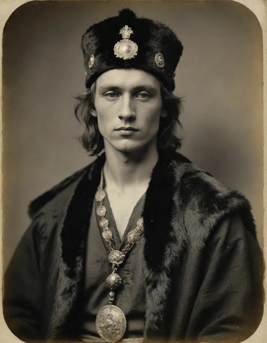 ((((Rough monochrome, daguerreotype on old paper,male focus)))), the composition is: (((a 20 year old male Russian brigand, sullen, muscular, facing viewer. He is wearing a tiger fur hat. He is wearing a black caftan with Praetorian elements, sashes, medals, lozenge shape pendants)))