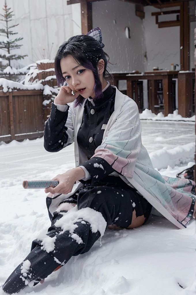 Shinobu gives a guy a blowjob in the snow.