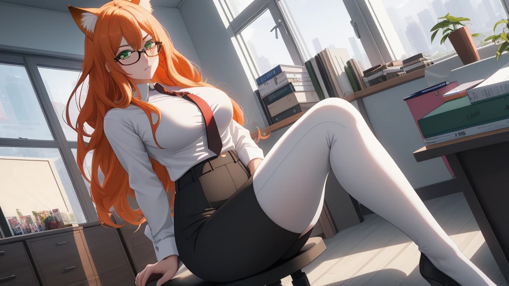 (masterpiece, Best quality), 8K, ultra detailed, realistic photo, Detailed face, perfect lighting, green eyes, bright orange hair, bright hair, fox ears, nice legs, side photo, beautiful, Cute, skin pores, 1 girl, perfect shirt, fully dressed, beautiful women 30 years old, Beautiful proportions, Russian woman, Caucasian, European, Business lady, stunningly beautiful woman, mother, thick legs, show ass, big breasts, (Thin white shirt:1.4), thick, hot, (White Office Wear:1.4), tight pants, (wide hips:1.2), thick, (white Office pants:1.3), spread your legs, Legs open, full length, wide hips, Glasses, with long orange hair, standing on the beach near the ocean, green eyes detailed digital anime art, cat ear, anime girl with long hair, гладкое аниме cg art, anime girl with long hair, digital anime art, work in Guweiz style, Beautiful anime portrait, Photorealistic render of an anime girl, pantyhose, Beautiful anime girl, advanced digital anime art, guweiz на artstation pixiv HD UHD HQ
