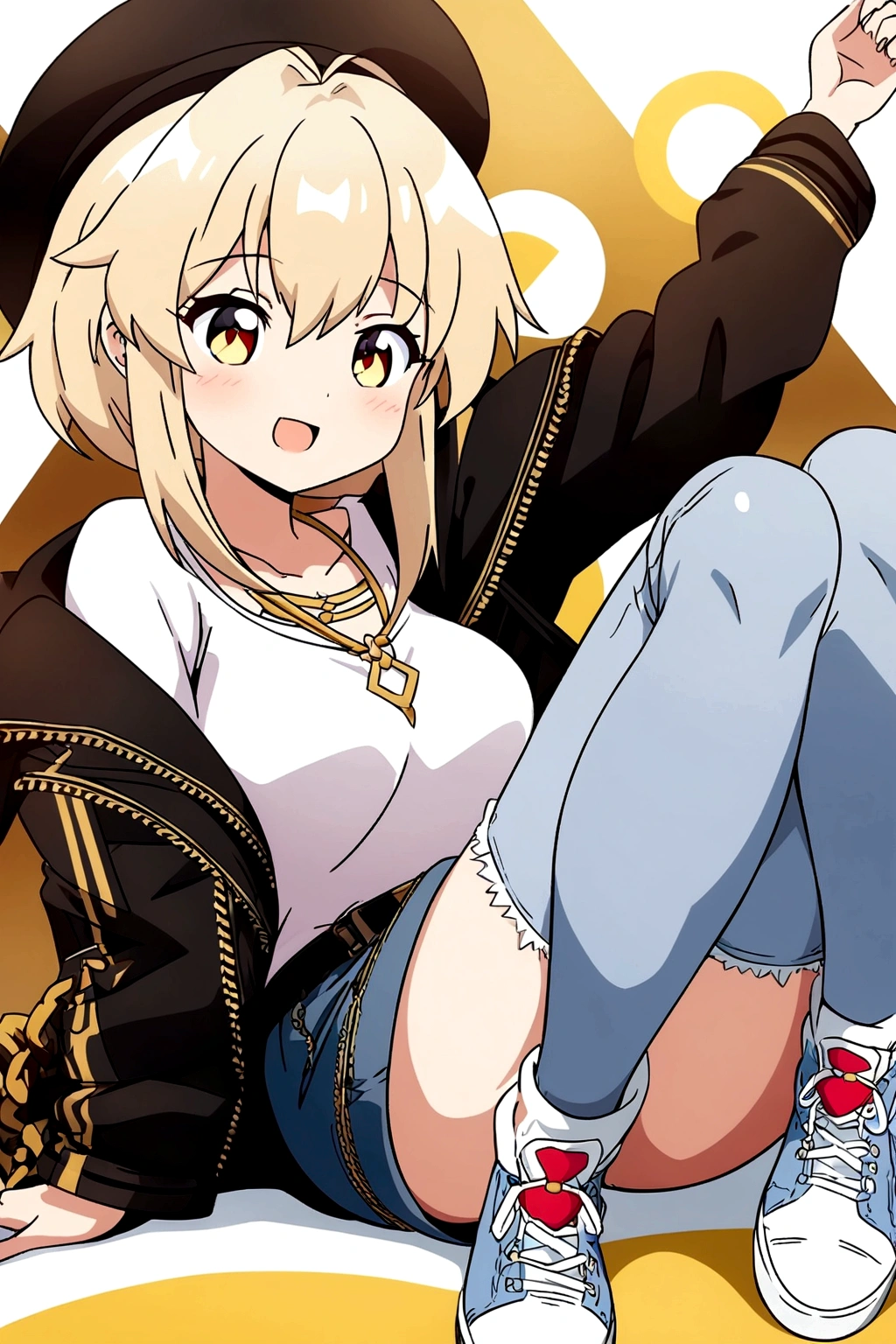 a woman sitting on her bed with a hat and jacket, fine details. front line girls, from front line girls, front line girls style, visual anime of a cute girl, anime moe art style, high quality anime art style, animated style 4 k, anime style, the anime girl is crouching, front line girls universe, animated style. 8k, front line girls cg