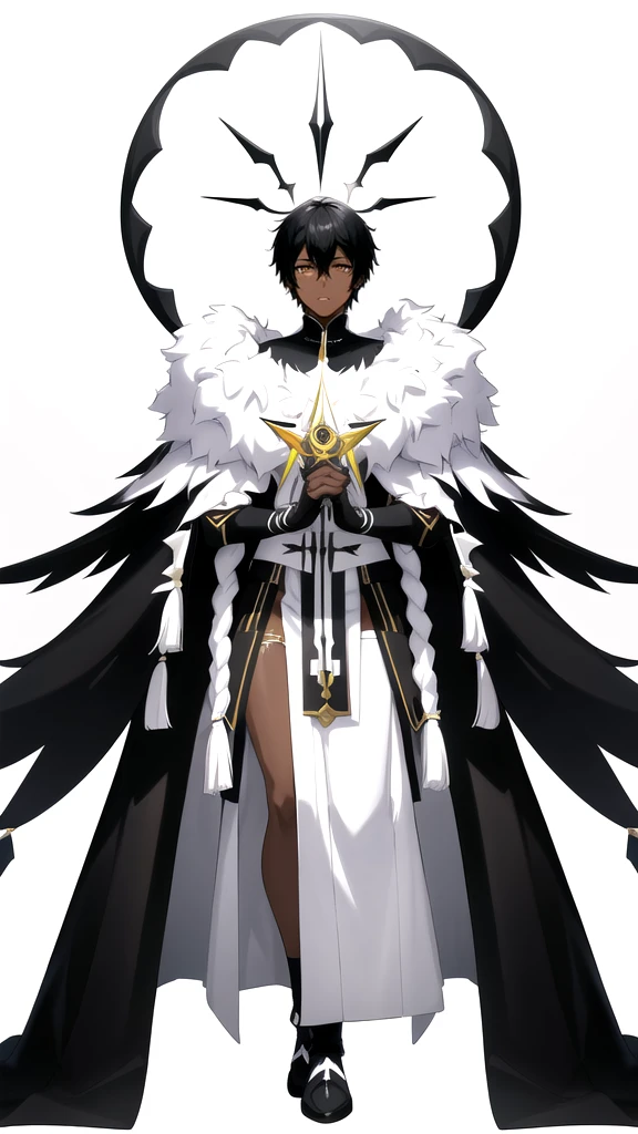 full body anime style portrait of a dark-skinned male wizard with short black hair and a few white strands, wearing tribal style outfits, against a minimalist white background, (best quality,4k,8k,highres)