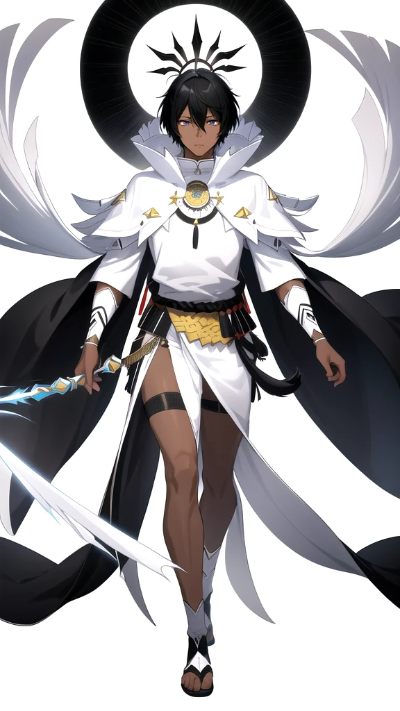 full body anime style portrait of a dark-skinned male wizard with short black hair and a few white strands, wearing tribal style outfits, against a minimalist white background, (best quality,4k,8k,highres)