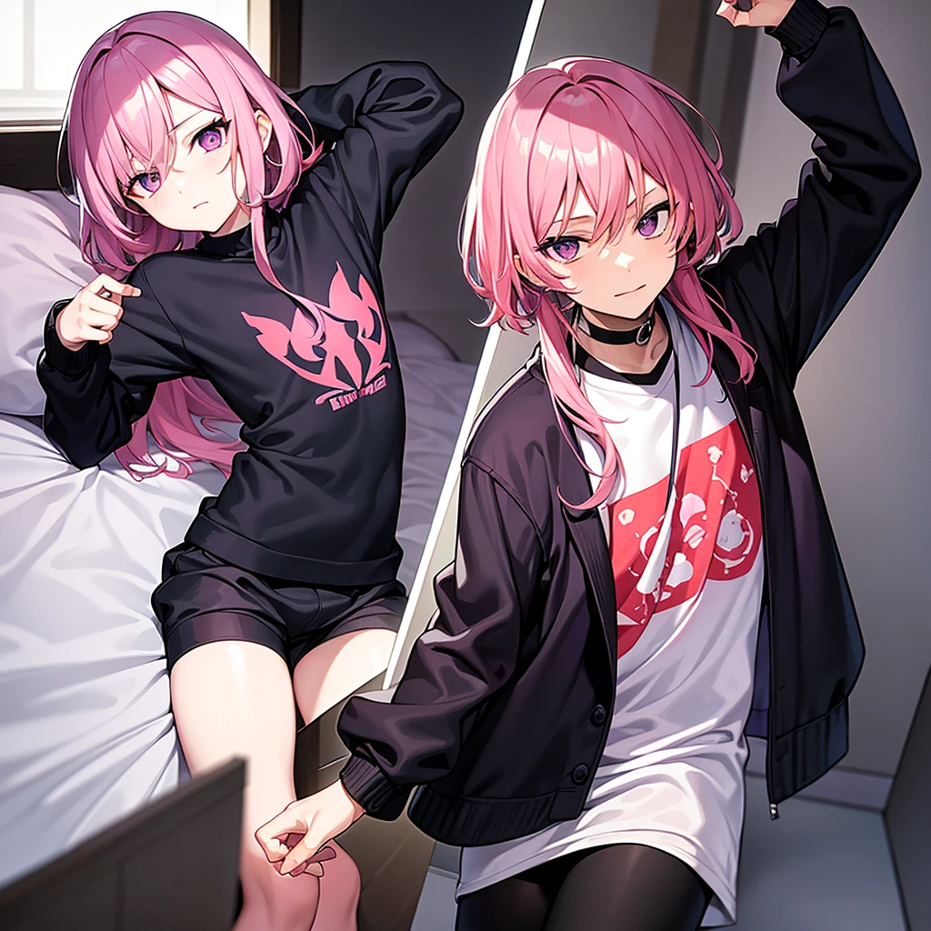 Saika have ,he is a boy, he has short striking pink hair that falls in soft waves around his face, complementing his vibrant purple eyes. His features are sharp and defined, with a youthful charm that is accentuated by his slender build. He often wears a stylish black jacket over a graphic t-shirt and jogging àd sometimes tight, completing his edgy and modern look, he is in his bedroom.
