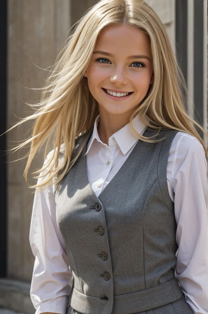 Une blonde, , souriant pour une photo.
Elle a les cheveux court avec les cheveux qui lui tombent juste au dessus de l'oreille. Ses cheveux sont blond claire. Elle est tres souriante.
Elle est dans un uniforme gris avec une vest et une pantalon gris claire.
Limage est trèsres détaillé et net