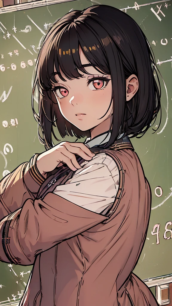 (hyperrealistic), (8K), (extremely detailed), (best illustration), (beautiful detailed eyes), (best quality), (ultra-detailed), (masterpiece), (wallpaper), (detailed face), solo, (school uniform: 2.3), looking at the audience, exquisite details, short black hair, red eyes.