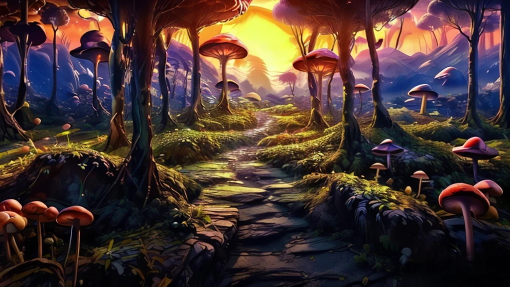 Panoramic image of a beautiful futuristic forest, with plants that have their own light, many colors and have a depth where you can see mountains and a beautiful sunset between the forest trees, mushrooms everywhere, a snake wrapped around a branch of tree, 8k, best quality, ayauasca, xamã. Illusions