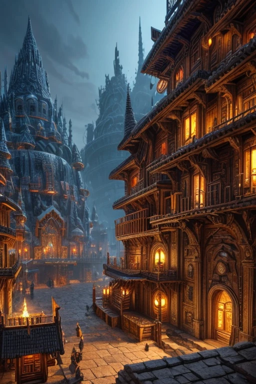 dwarven city, partially underground, many dwarves working and walking around, highly detailed, 8k, photorealistic, dramatic lighting, intricate architecture, stone buildings, metalwork, forges, mining equipment, detailed textures, warm color tones, cinematic composition, epic scale