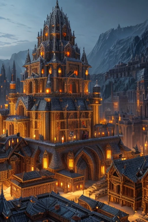 dwarven city, partially underground, many dwarves working and walking around, highly detailed, 8k, photorealistic, dramatic lighting, intricate architecture, stone buildings, metalwork, forges, mining equipment, detailed textures, warm color tones, cinematic composition, epic scale