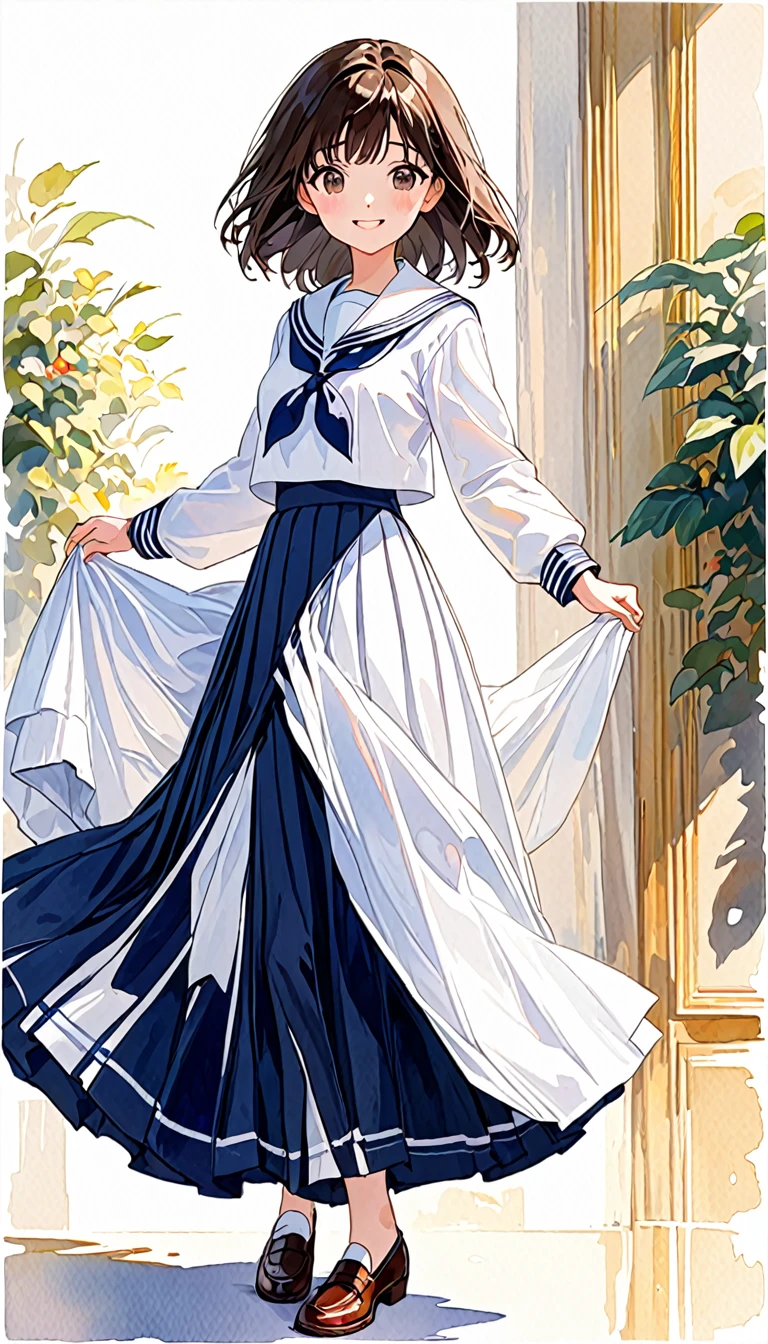 (1 Girl、alone、whole body、natural standing posture)、(Standing casually)、(whole body:1.4)、(whole bodyショーケース)、(whole bodyを見せる)、((Character Concept Art))、(Portraiture:1.2)、(Detailed facial depiction、A kind smile)、Short dark brown hair、White Sailor Suit、Navy blue sailor collar、uniform、Long skirt、Pleated skirt、shoes、loafers、(Vintage、Classic)、((No background))、((White Background))、Blur the background、(No logo)、((Watercolor of singer Sargent))、Impressionist style painting、(Highest quality、masterpiece)、