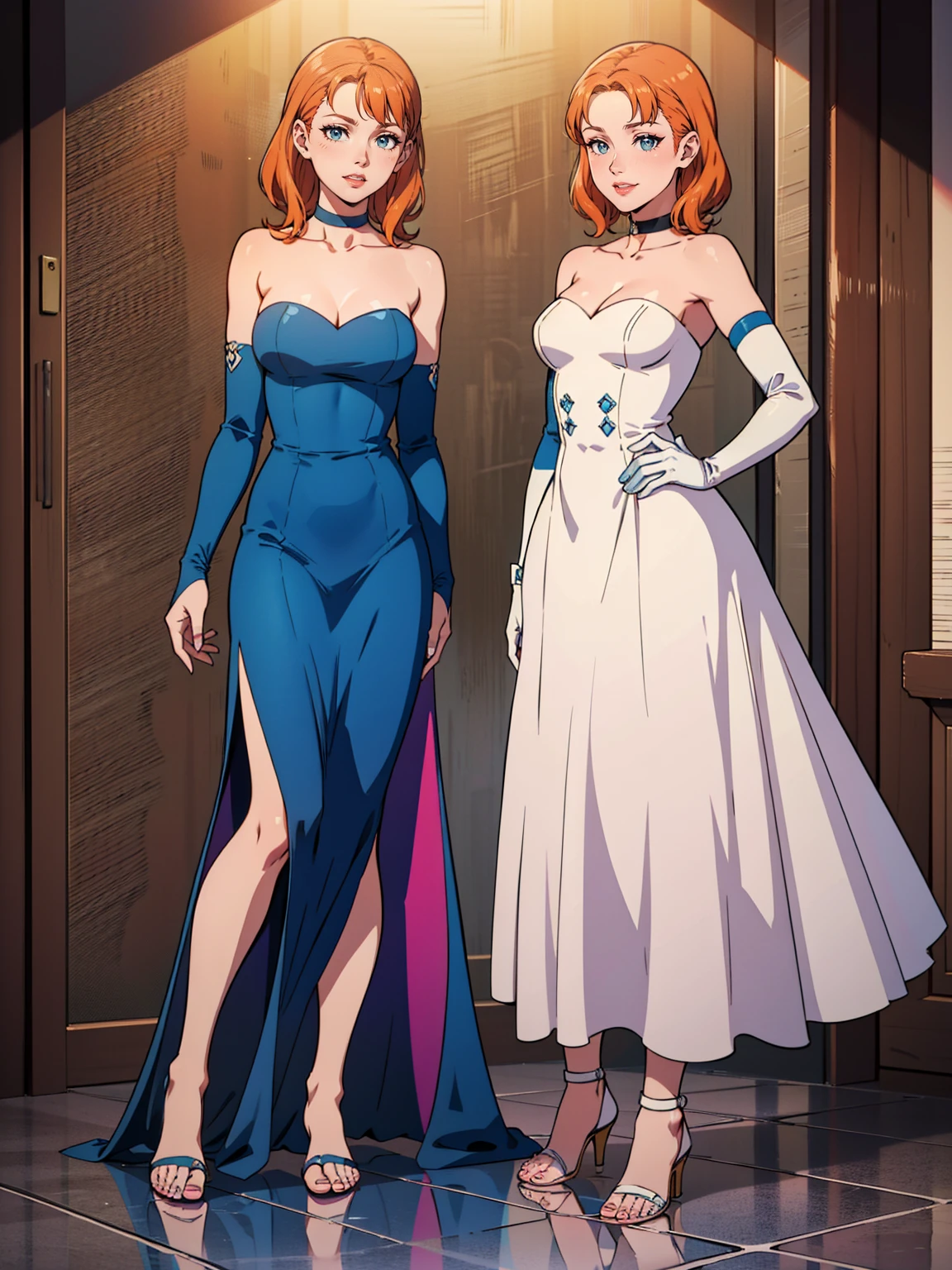 ((Full body photo, standing, feet on the floor))annette_war, blue eyes, orange hair, blue dress, long blue dress, blue strapless dress, long white elbow gloves, smile, light pink lipstick, purple eye shadow, makeup, black choker, cowboy shot