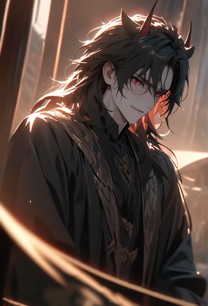 (solo), masculine, black hair, messy hair, mane hair, long hair, dense hair, wild hair, expressive hair, mature,(25 year old), pale skin, red eyes, ((man)), wearing a black robe, black demon horns,, Smiling, handsome, attractive, eye reflection, depth of field, thunder aura,cinematic lighting, ray tracing, depth of field, cinematic lighting, ray tracing, UHD, high details, best quality, highres, high quality, award winning, super detail, masterpiece, 8k, UHD, high details, best quality, highres, high quality, award winning, super detail, masterpiece, 8k, digital art, anime coloring, full body, body shot, good face, perfect face, detailed face, good eyes, sitting on a throne