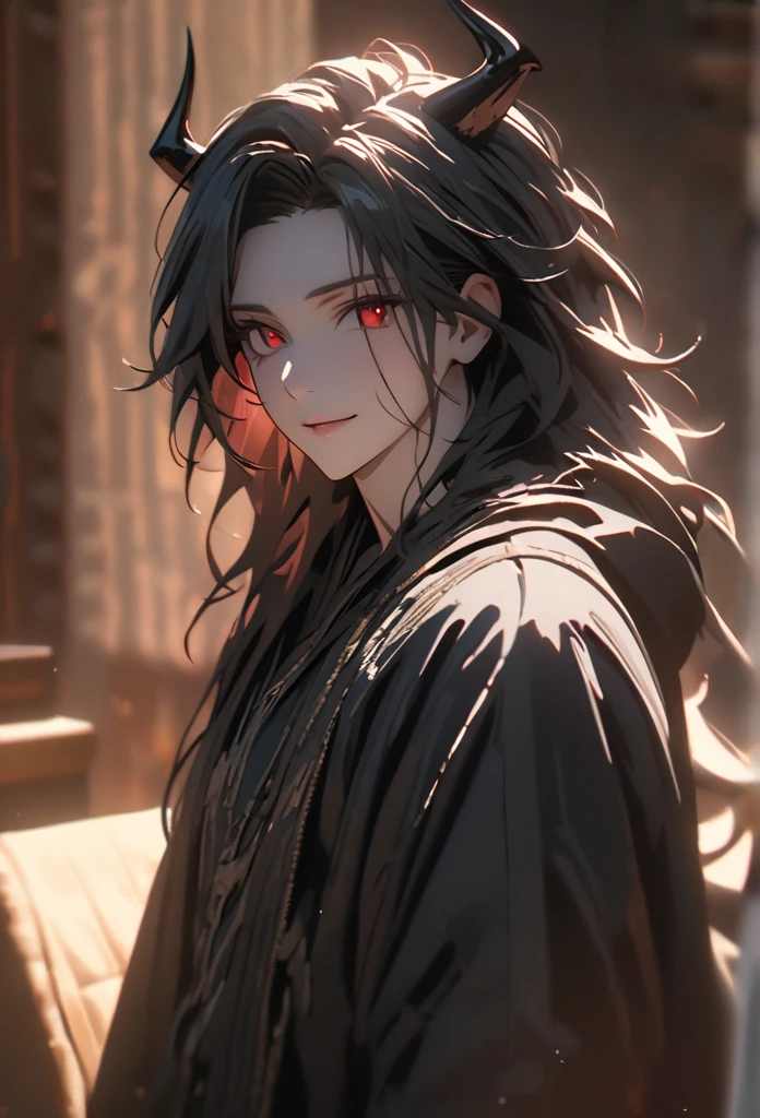 (solo), masculine, black hair, messy hair, mane hair, long hair, dense hair, wild hair, expressive hair, mature,(25 year old), pale skin, red eyes, ((man)), wearing a black robe, black demon horns,, Smiling, handsome, attractive, eye reflection, depth of field, thunder aura,cinematic lighting, ray tracing, depth of field, cinematic lighting, ray tracing, UHD, high details, best quality, highres, high quality, award winning, super detail, masterpiece, 8k, UHD, high details, best quality, highres, high quality, award winning, super detail, masterpiece, 8k, digital art, anime coloring, full body, body shot, good face, perfect face, detailed face, good eyes, sitting on a throne