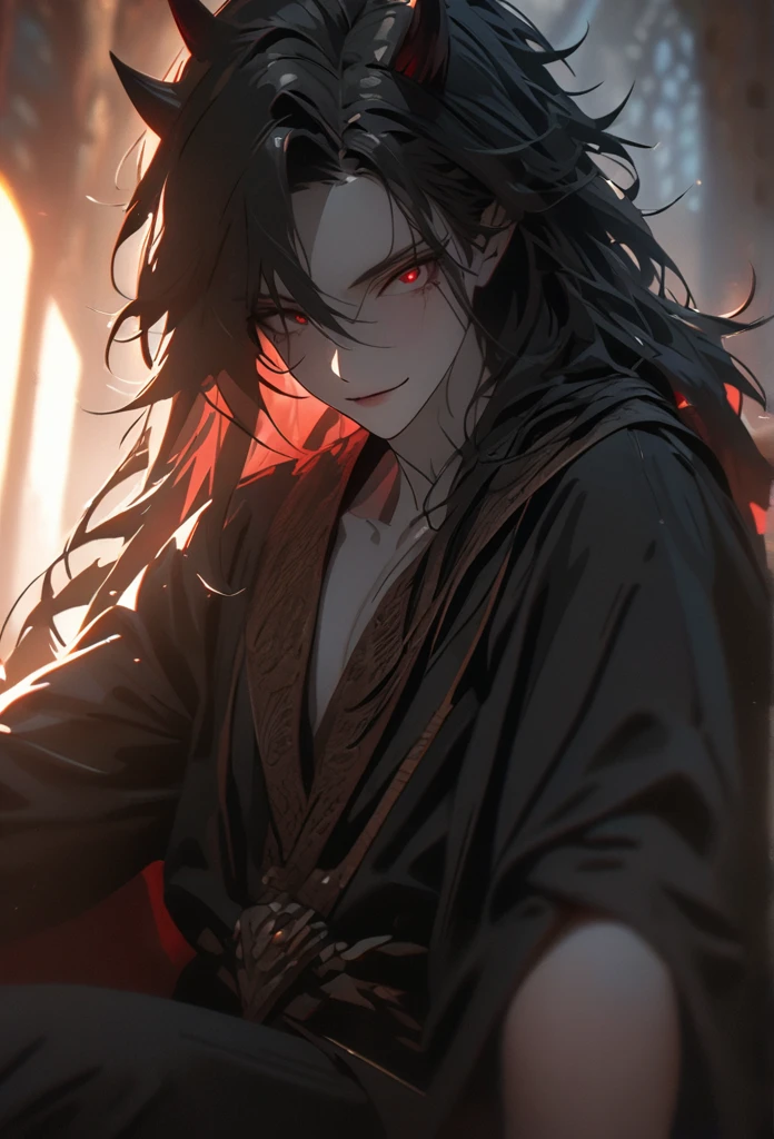 (solo), masculine, black hair, messy hair, mane hair, long hair, dense hair, wild hair, expressive hair, mature,(25 year old), pale skin, red eyes, ((man)), wearing a black robe, black demon horns,, Smiling, handsome, attractive, eye reflection, depth of field, thunder aura,cinematic lighting, ray tracing, depth of field, cinematic lighting, ray tracing, UHD, high details, best quality, highres, high quality, award winning, super detail, masterpiece, 8k, UHD, high details, best quality, highres, high quality, award winning, super detail, masterpiece, 8k, digital art, anime coloring, full body, body shot, good face, perfect face, detailed face, good eyes, sitting on a throne