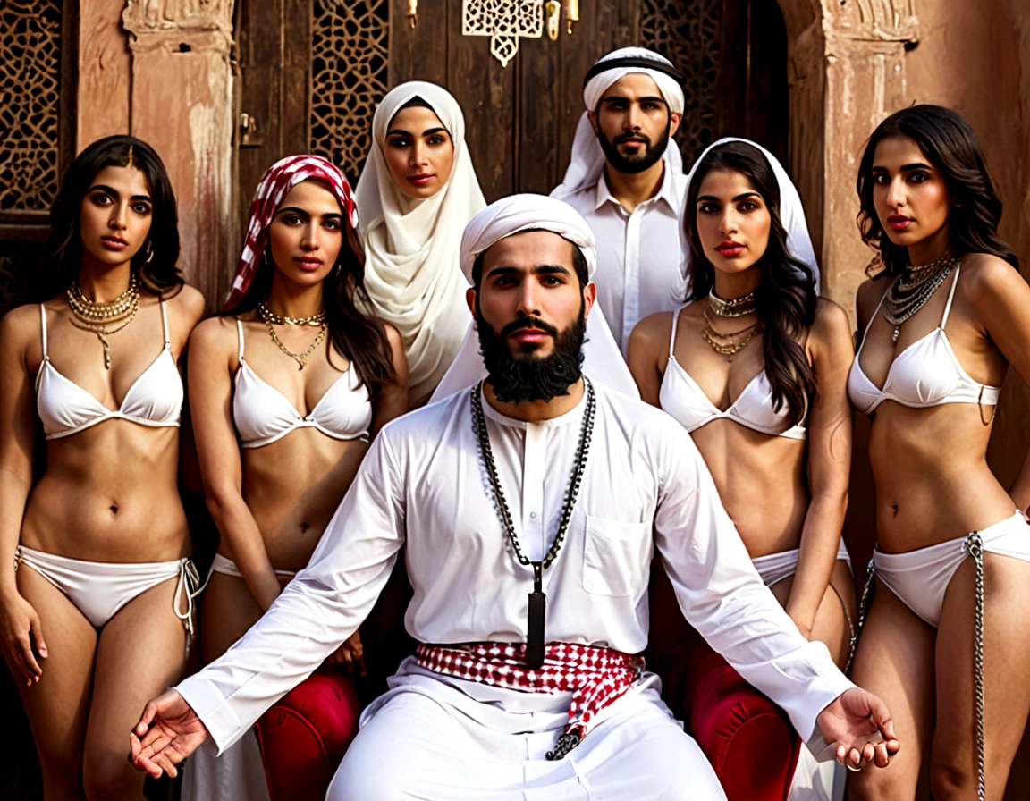 A man dressed in traditional Middle Eastern attire, He has a beard and is wearing a white thobe and a red-and-white checkered keffiyeh. surrounded five arab women dressed in lingerie and chained to the man, with the chains connected to collars around their necks. 