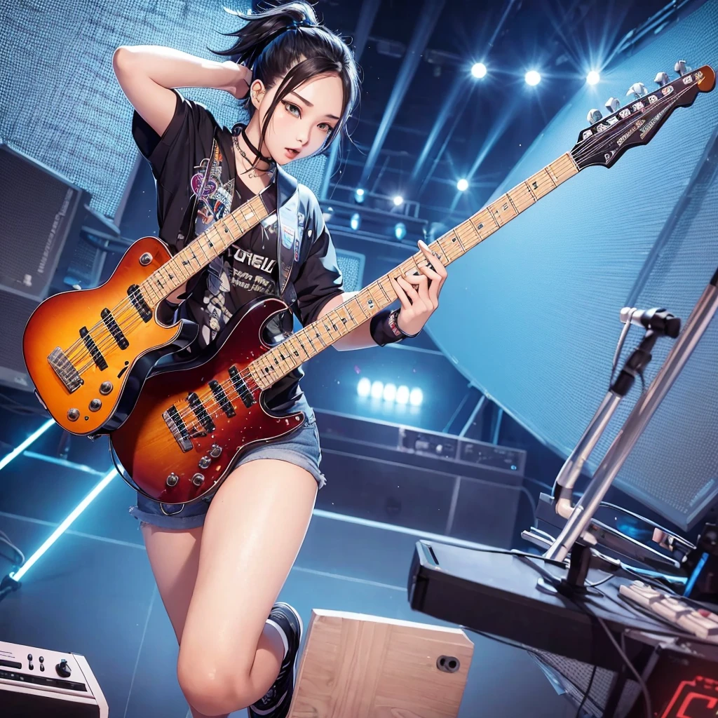 1girl,kpop idol,energetic expression,dynamic dance pose,colorful neon lights,glowing synthesizer,drums,electric guitar,pulsing bass,vibrant colors,cinematic lighting,detailed face and eyes,detailed clothing,high energy,best quality,8k,photorealistic,professional