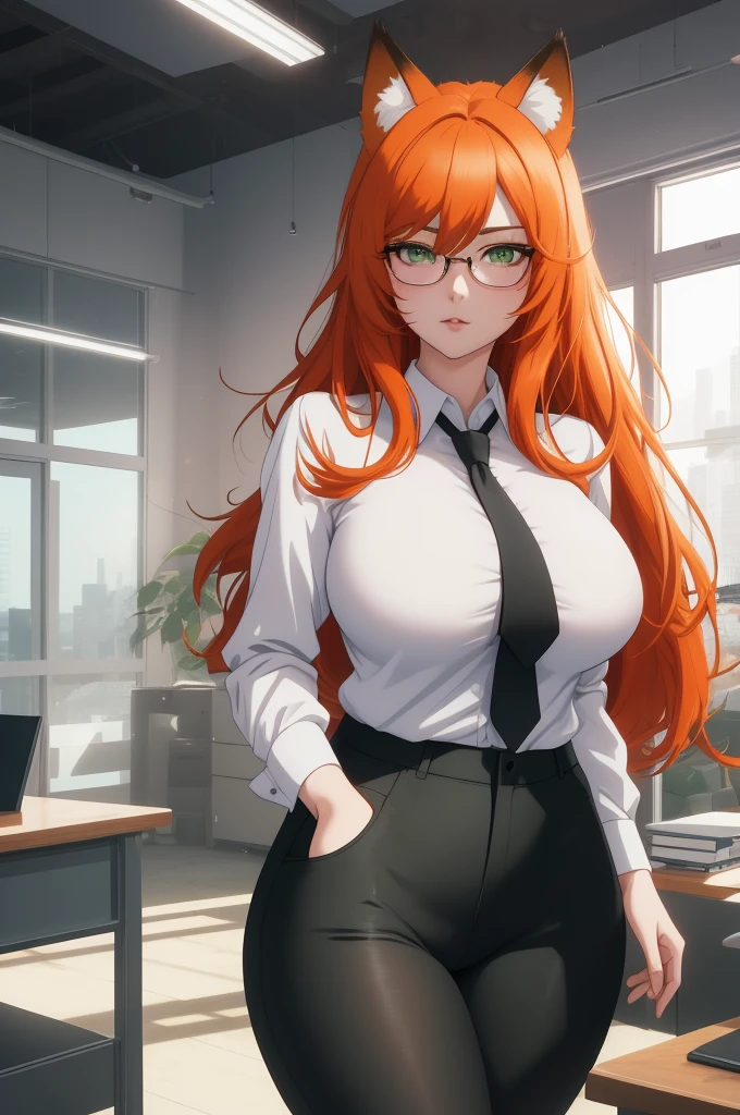 (masterpiece, Best quality), 8K, ultra detailed, realistic photo, Detailed face, perfect lighting, green eyes, bright orange hair, bright hair, fox ears, nice legs, side photo, beautiful, Cute, skin pores, 1 girl, perfect shirt, fully dressed, beautiful women 30 years old, Beautiful proportions, Russian woman, Caucasian, European, Business lady, stunningly beautiful woman, mother, thick legs, show ass, big breasts, (Thin white shirt:1.4), thick, hot, (White Office Wear:1.4), tight pants, (wide hips:1.2), thick, (white Office pants:1.3), spread your legs, Legs open, full length, wide hips, Glasses, with long orange hair, standing on the beach near the ocean, green eyes detailed digital anime art, cat ear, anime girl with long hair, гладкое аниме cg art, anime girl with long hair, digital anime art, work in Guweiz style, Beautiful anime portrait, Photorealistic render of an anime girl, pantyhose, Beautiful anime girl, advanced digital anime art, guweiz на artstation pixiv HD UHD HQ