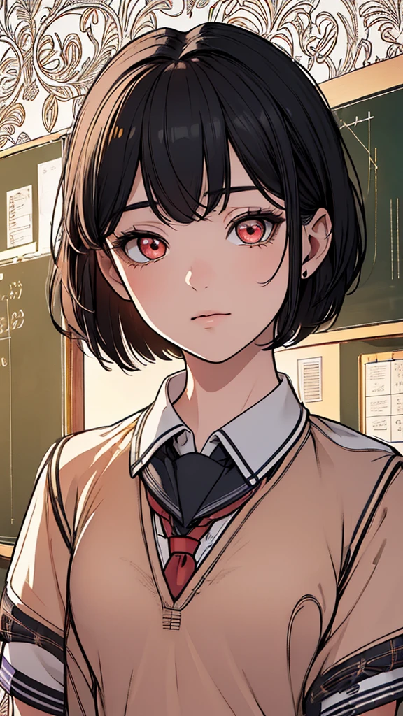(hyperrealistic), (8K), (extremely detailed), (best illustration), (beautiful detailed eyes), (best quality), (ultra-detailed), (masterpiece), (wallpaper), (detailed face), solo, (school uniform: 2.1), looking at the audience, exquisite details, short black hair, red eyes.