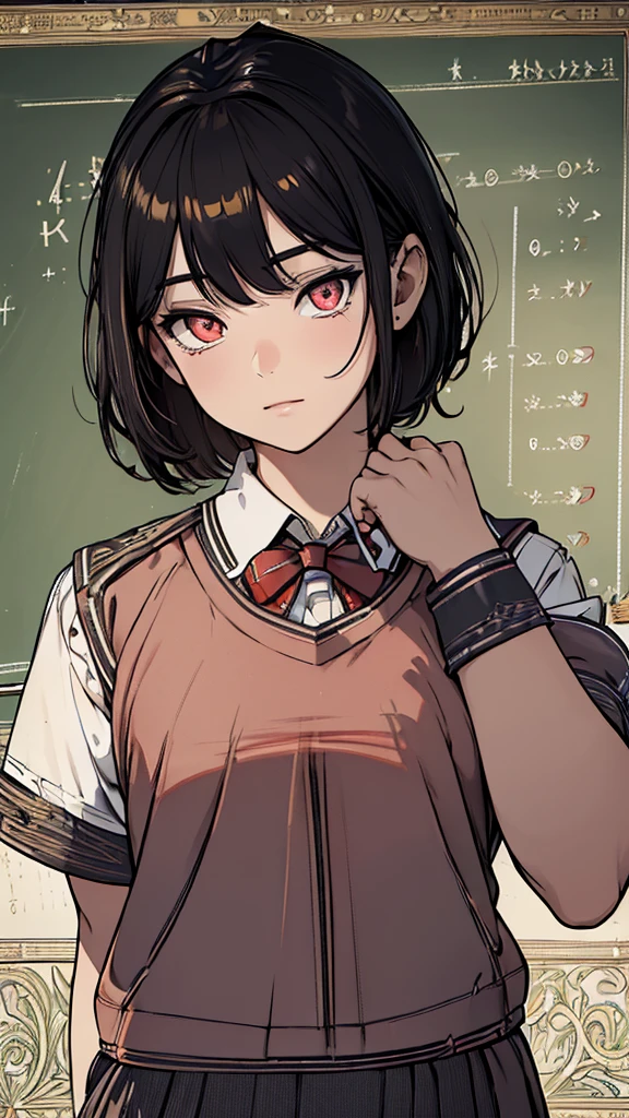 (hyperrealistic), (8K), (extremely detailed), (best illustration), (beautiful detailed eyes), (best quality), (ultra-detailed), (masterpiece), (wallpaper), (detailed face), solo, (school uniform: 2.1), looking at the audience, exquisite details, short black hair, red eyes.