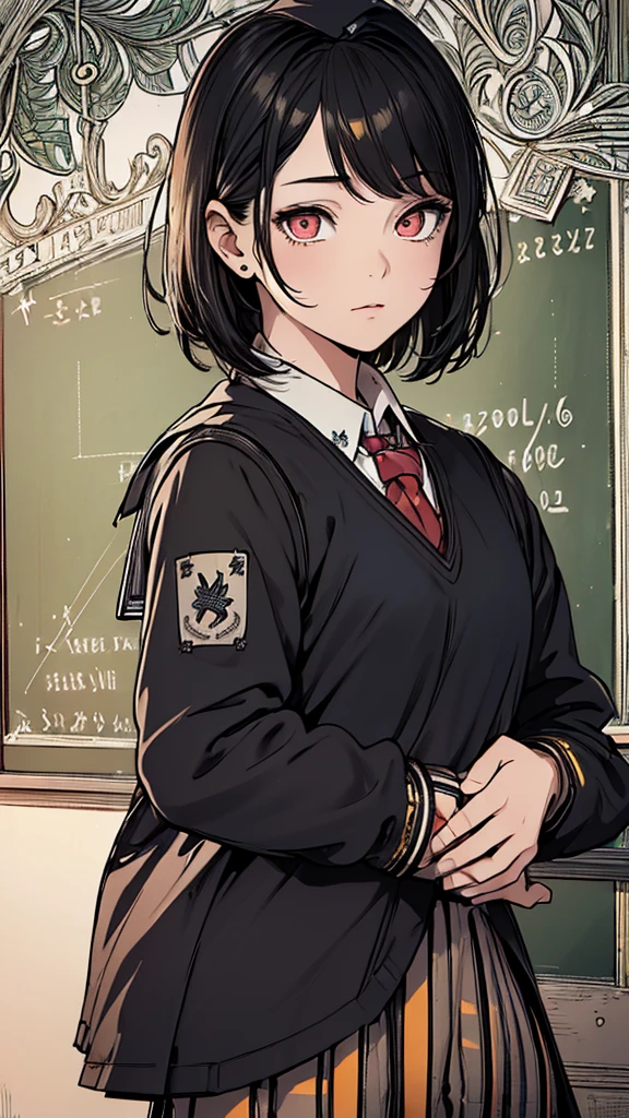 (hyperrealistic), (8K), (extremely detailed), (best illustration), (beautiful detailed eyes), (best quality), (ultra-detailed), (masterpiece), (wallpaper), (detailed face), solo, (school uniform: 2.1), looking at the audience, exquisite details, short black hair, red eyes.