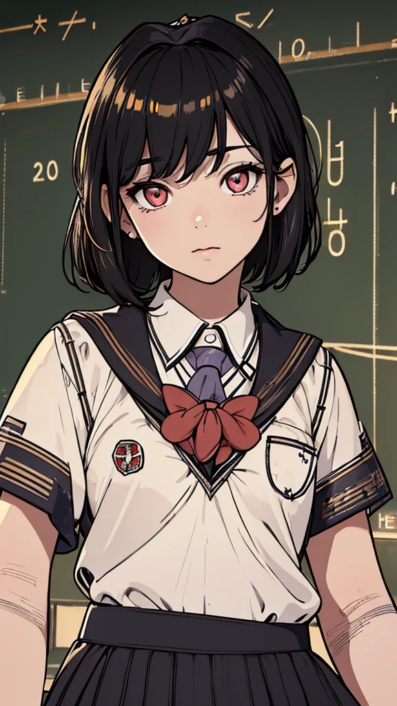 (hyperrealistic), (8K), (extremely detailed), (best illustration), (beautiful detailed eyes), (best quality), (ultra-detailed), (masterpiece), (wallpaper), (detailed face), solo, (school uniform: 2.1), looking at the audience, exquisite details, short black hair, red eyes.