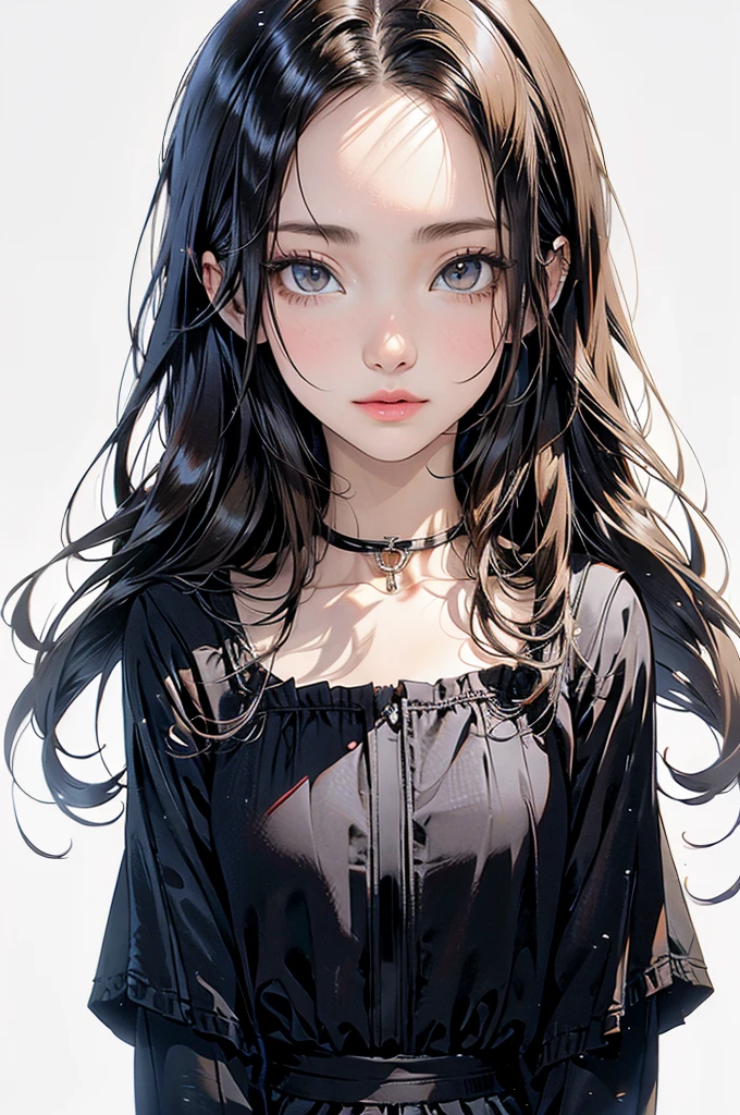 ((Biologically correct limb count))、(( A full-body illustration from toes to face))、4K、Masterpiece、((Eyes with delicate depictions、Detailed depiction of faces、Focus on the face))、((Symmetrical, well-proportioned facial features))、Beautiful school girl、Slender Body、(Black shirt、skirt)、Looking up、Low - Angle、Brown Hair、 background