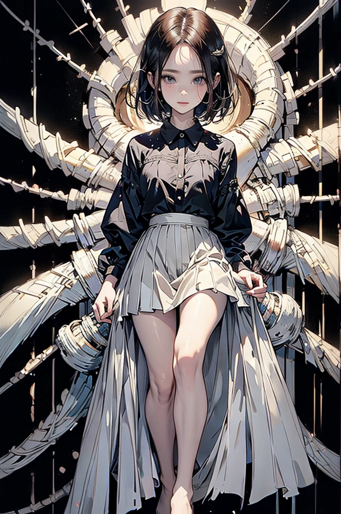 ((Biologically correct limb count))、(( A full-body illustration from toes to face))、4K、Masterpiece、((Eyes with delicate depictions、Detailed depiction of faces、Focus on the face))、((Symmetrical, well-proportioned facial features))、Beautiful school girl、Slender Body、(Black shirt、skirt)、Looking up、Low - Angle、Brown Hair、 background