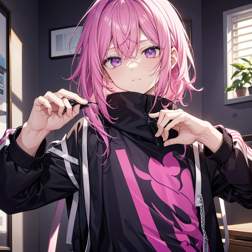 Saika have 14 years old,he is a boy, he has short striking pink hair that falls in soft waves around his face, complementing his vibrant purple eyes. His features are sharp and defined, with a youthful charm that is accentuated by his slender build. He often wears a stylish black jacket over a graphic t-shirt and jogging àd sometimes tight, completing his edgy and modern look, he is in his bedroom.