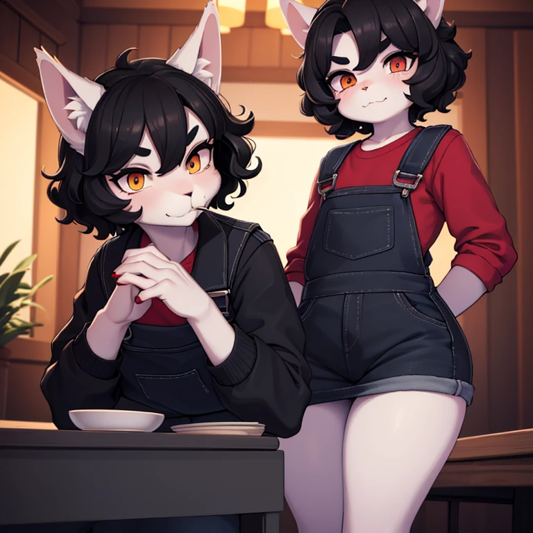 (masterpiece), (best quality), (high res) (solo), (perfect anatomy) (perfect face), wolf and sheep hybrid, (black hair), (black wool), (curly short hair), fair skin, ambiguous gender, (1boy1girl), flat chest, wide hips, thick thighs, (light blue skirt overalls), (black jacket with red lights), (red shirt), yellow glowing in the dark eyes, happy, androgynous, (long eyebrows), eating in the dining room