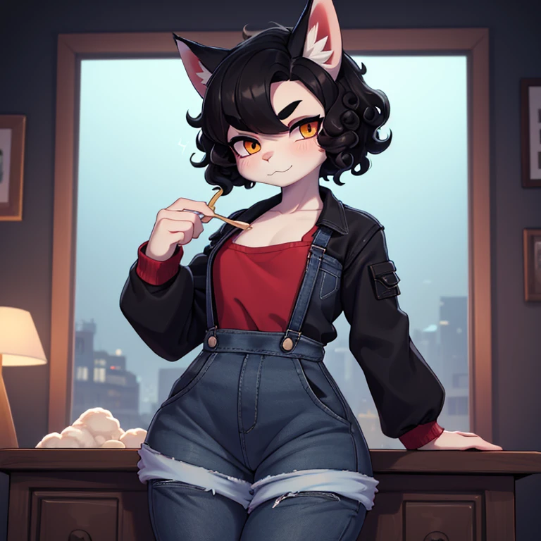 (masterpiece), (best quality), (high res) (solo), (perfect anatomy) (perfect face), wolf and sheep hybrid, (black hair), (black wool), (curly short hair), fair skin, ambiguous gender, (1boy1girl), flat chest, wide hips, thick thighs, (light blue skirt overalls), (black jacket with red lights), (red shirt), yellow glowing in the dark eyes, happy, androgynous, (long eyebrows), eating in the dining room