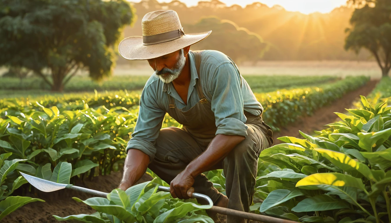 Farmer named Ramoo immersed in labor, back arched, muscles tense, amidst a verdant expanse, sweat glistening on his furrowed forehead, hands holding a simple metal hoe, coffee plants swaying gently in the background, old-fashioned wide-brimmed hat protecting worn features, earthy tones dominating the palette, golden hour casting a warm glow, idealization of rural work, digital painting, gold