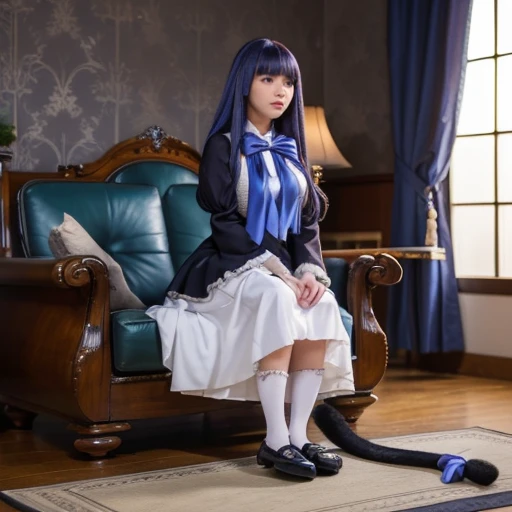 (8k, RAW photo, best quality, masterpiece:1.2), (realistic, photo-realistic:1.4), (extremely detailed 8k wallpaper), face focus,A 20-year-old girl with purple hair, wearing a dress, bowtie, mary janes, socks, sitting on a throne, cat tail, tail bow, tail ornament, purple eyes, anime screencap, official style, umineko no naku koro ni,