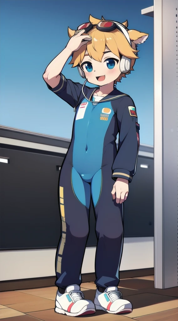 Two-dimensional boy,One-piece mountaineering suit,trumpet,Cow ears,Put the headphones on your head,stand up,goggles,sports shoes,Slim,Happy,Sailor collar