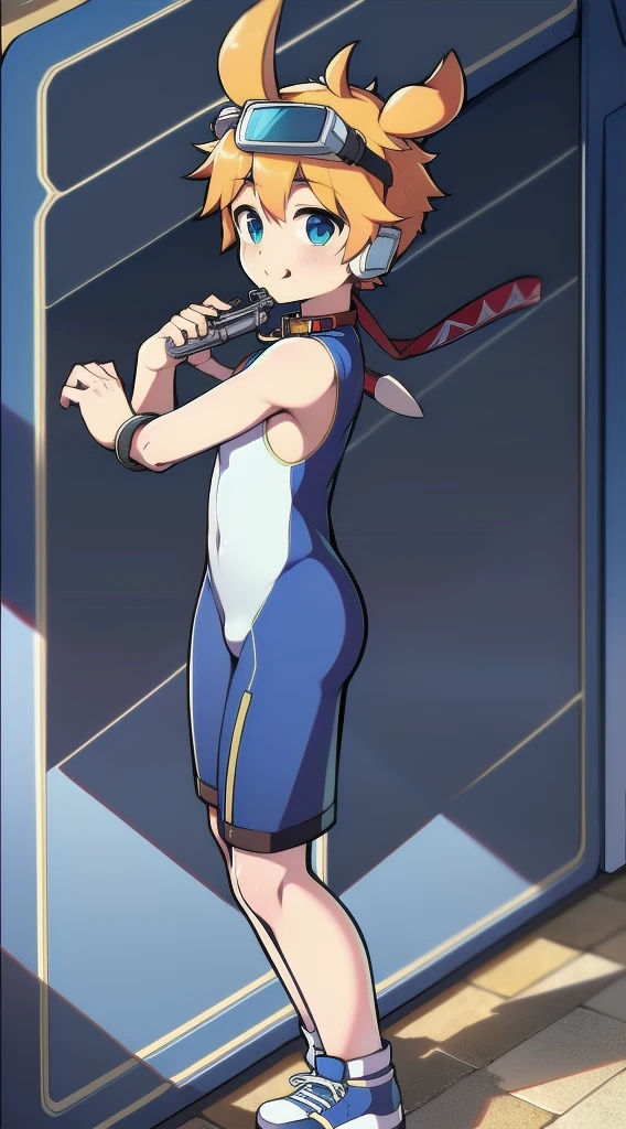 Two-dimensional boy,One-piece mountaineering suit,trumpet,Cow ears,Put the headphones on your head,stand up,goggles,sports shoes,Slim,Happy,Sailor collar