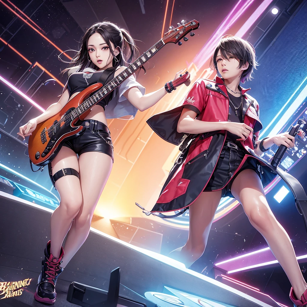 crie uma imagem baseada nessa descriçao: 🎵 Song Name: Blazing Hearts
🎵 Genre: K-pop
🎵 Tone: Energetic and Empowering
🎵 Instrument Selection: Synthesizer, Drums, Bass, Electric Guitar