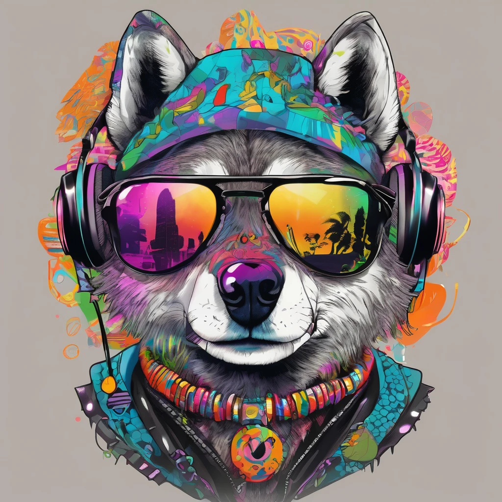 (1 wolf dog making music (anthropomorphic turtle))wearing a choker,with tattoos, sunglasses, Black leather jacket,Psychedelic punk artist, (((full bodyesbian))), concept-art,Vivid colors, rim-light, Extremely detailed Cg Unity 8K wallpaper, trending on artstationh, Yayoi Kusama's pop art style, iintricate, High detail