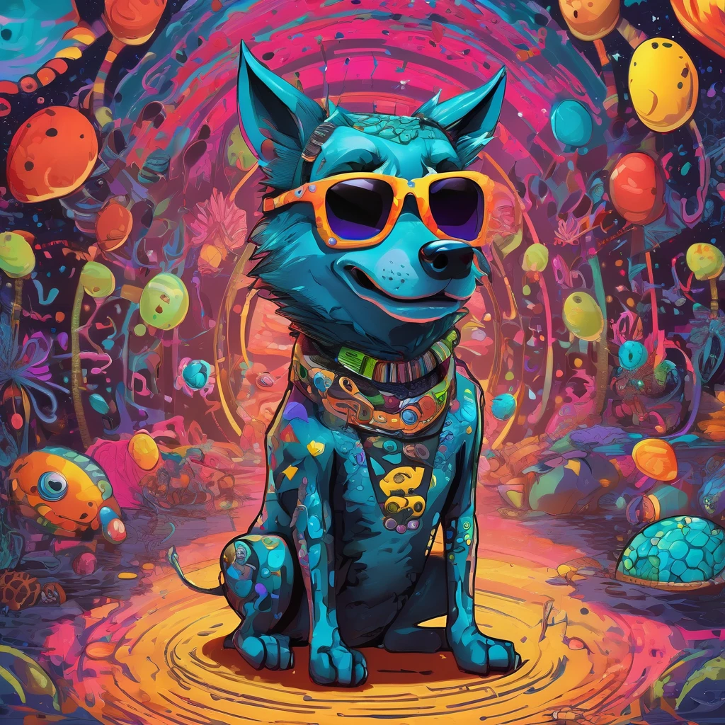 (1 wolf dog making music (anthropomorphic turtle))wearing a choker,with tattoos, sunglasses, Black leather jacket,Psychedelic punk artist, (((full bodyesbian))), concept-art,Vivid colors, rim-light, Extremely detailed Cg Unity 8K wallpaper, trending on artstationh, Yayoi Kusama's pop art style, iintricate, High detail