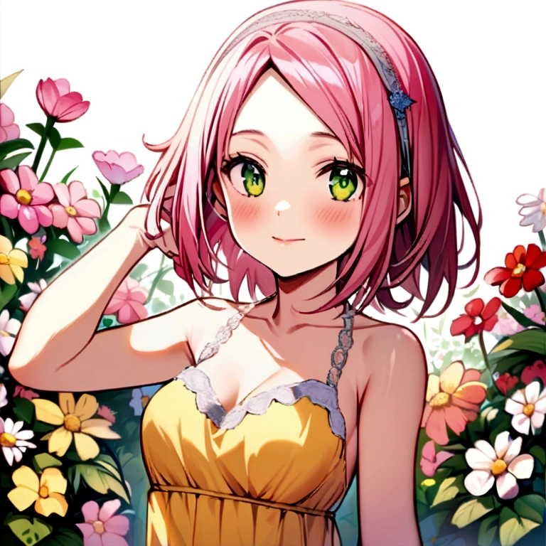 Sakura Haruno, girl, long pink hair, green eyes, medium breasts, yellow dress with lace decoration, flower garden