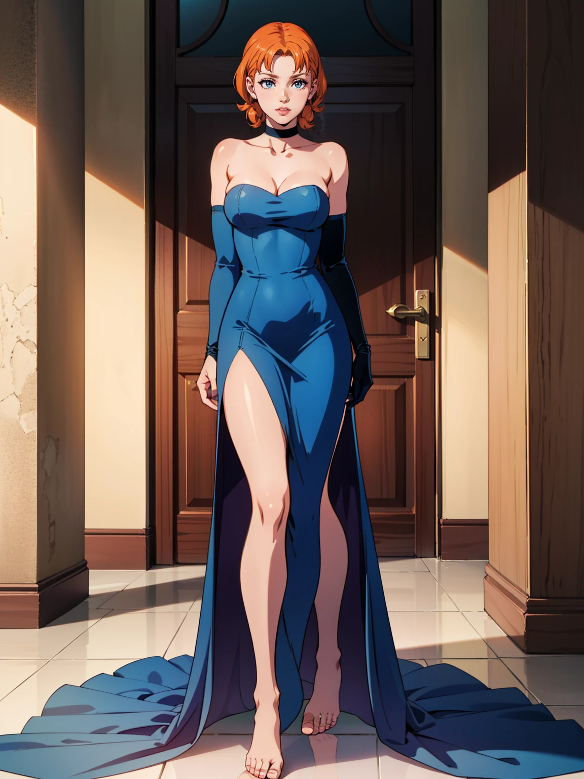 ((Full body photo, standing, feet on the floor))annette_war, blue eyes, orange hair, blue dress, long blue dress, blue strapless dress, long white elbow gloves, smile, light pink lipstick, purple eye shadow, makeup, black choker, cowboy shot