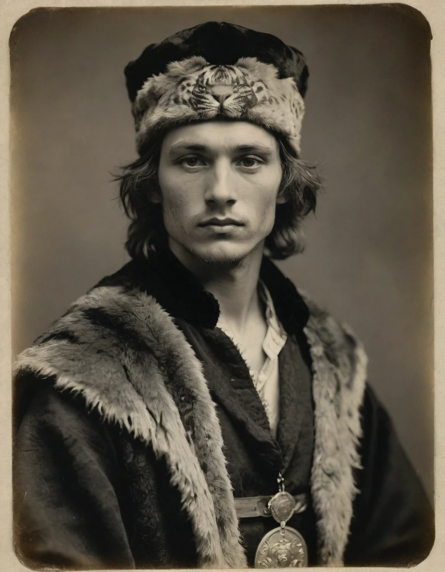 ((((Realistic, rough monochrome, daguerreotype on old paper, male focus)))), the composition is: (((a 20 year old male Russian brigand, sullen, muscular, facing viewer. He is wearing a tiger fur hat. He is wearing a black caftan with Praetorian elements, sashes, medals, lozenge shape pendants)))
