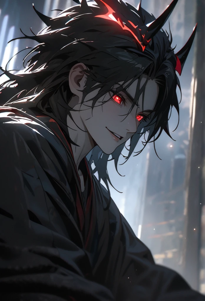 (solo), masculine, black hair, messy hair, mane hair, long hair, dense hair, wild hair, expressive hair, mature,(25 year old), pale skin, red eyes, ((man)), wearing a black robe, black demon horns,, Smiling, showing anime teeth, handsome, attractive, eye reflection, depth of field, thunder aura,cinematic lighting, ray tracing, depth of field, cinematic lighting, ray tracing, UHD, high details, best quality, highres, high quality, award winning, super detail, masterpiece, 8k, UHD, high details, best quality, highres, high quality, award winning, super detail, masterpiece, 8k, digital art, anime coloring, full body, body shot, good face, perfect face, detailed face, good eyes, sitting on a throne